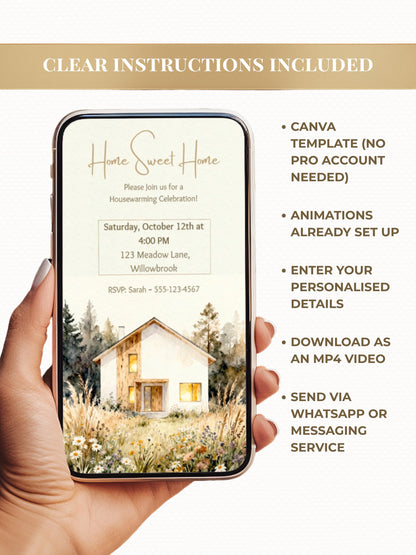 Animated Housewarming Invitation, Digital Evite (Instant Download Editable Canva Template) Warm Cozy Home Sweet New Home Party Video Invite