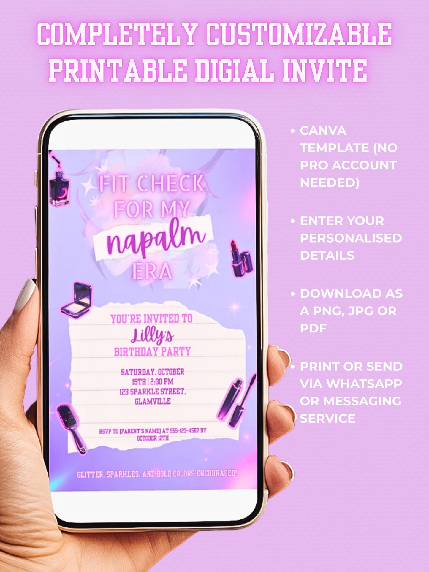 Editable K-Pop Birthday Invitation, Neon Purple Party Invite, Glam Makeup Theme (Instant Download Digital Download Printable Canva Template)