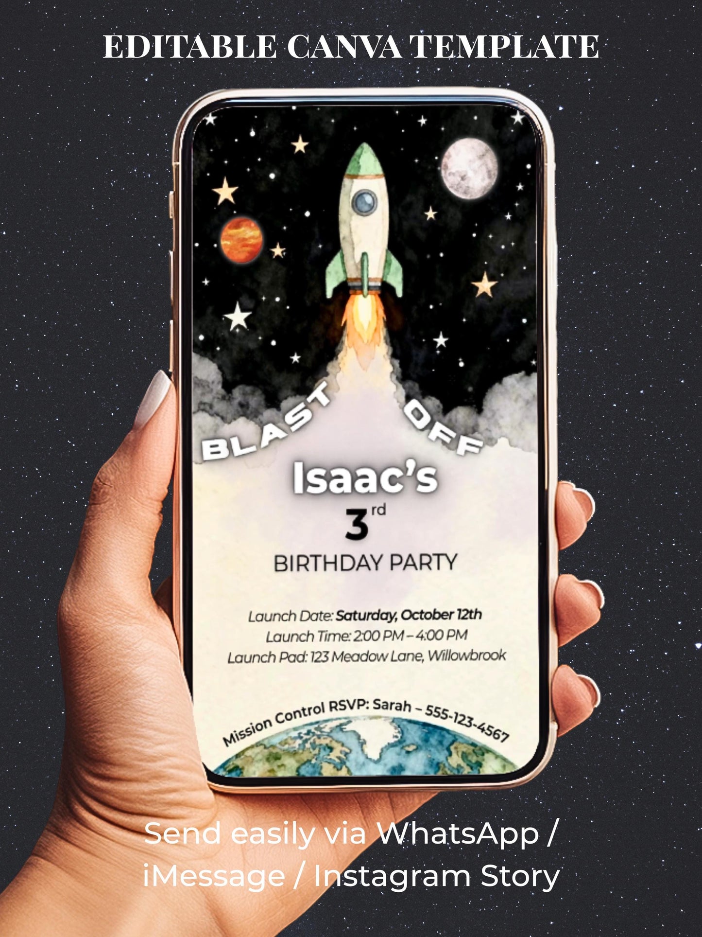 Animated Space 3rd Birthday Invitation - Rocket Ship Digital Evite Kid Birthday Party Video Invite Whatsapp(Instant Download Canva Template)