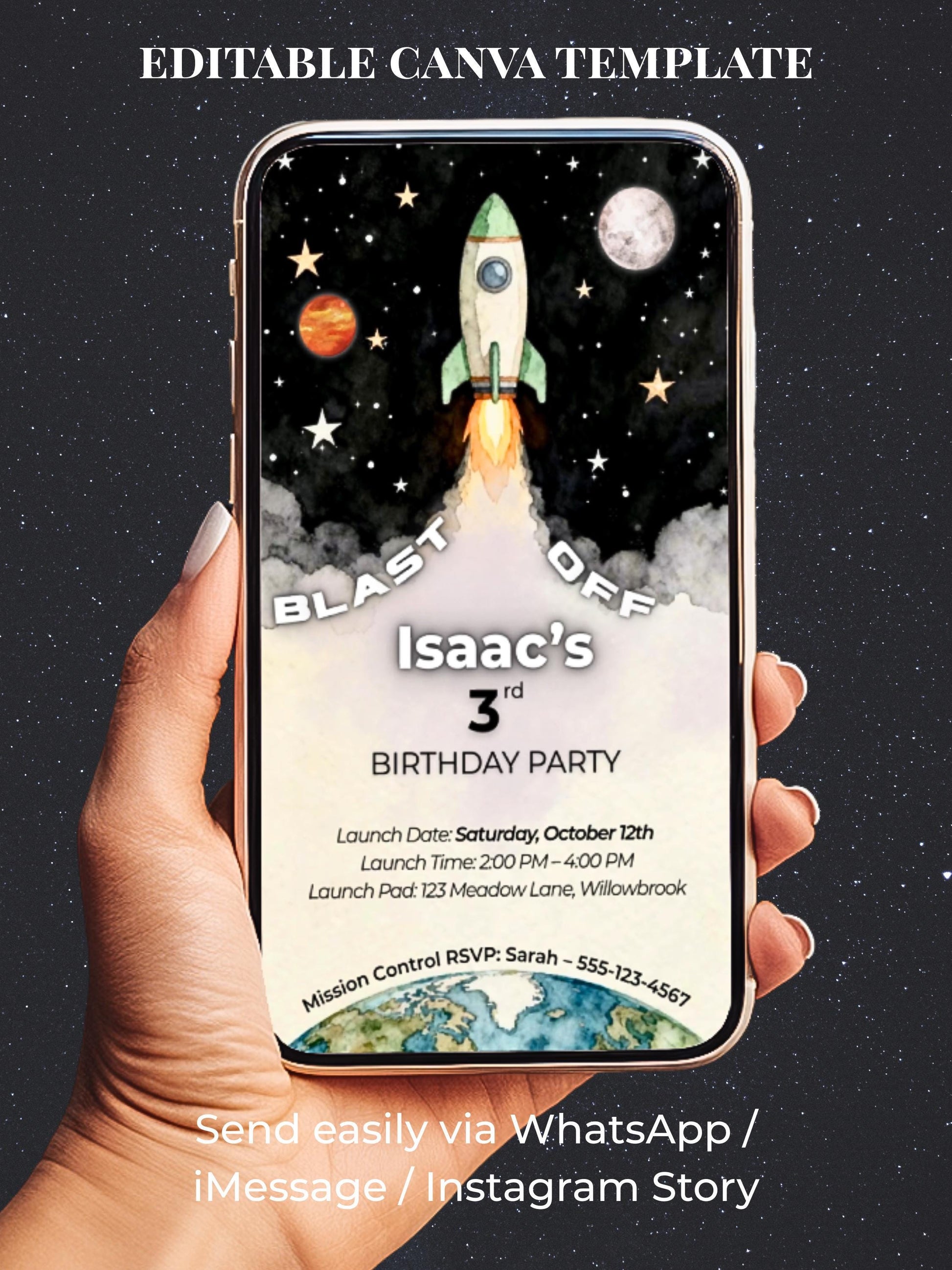 Animated Space 3rd Birthday Invitation - Rocket Ship Digital Evite Kid Birthday Party Video Invite Whatsapp(Instant Download Canva Template)