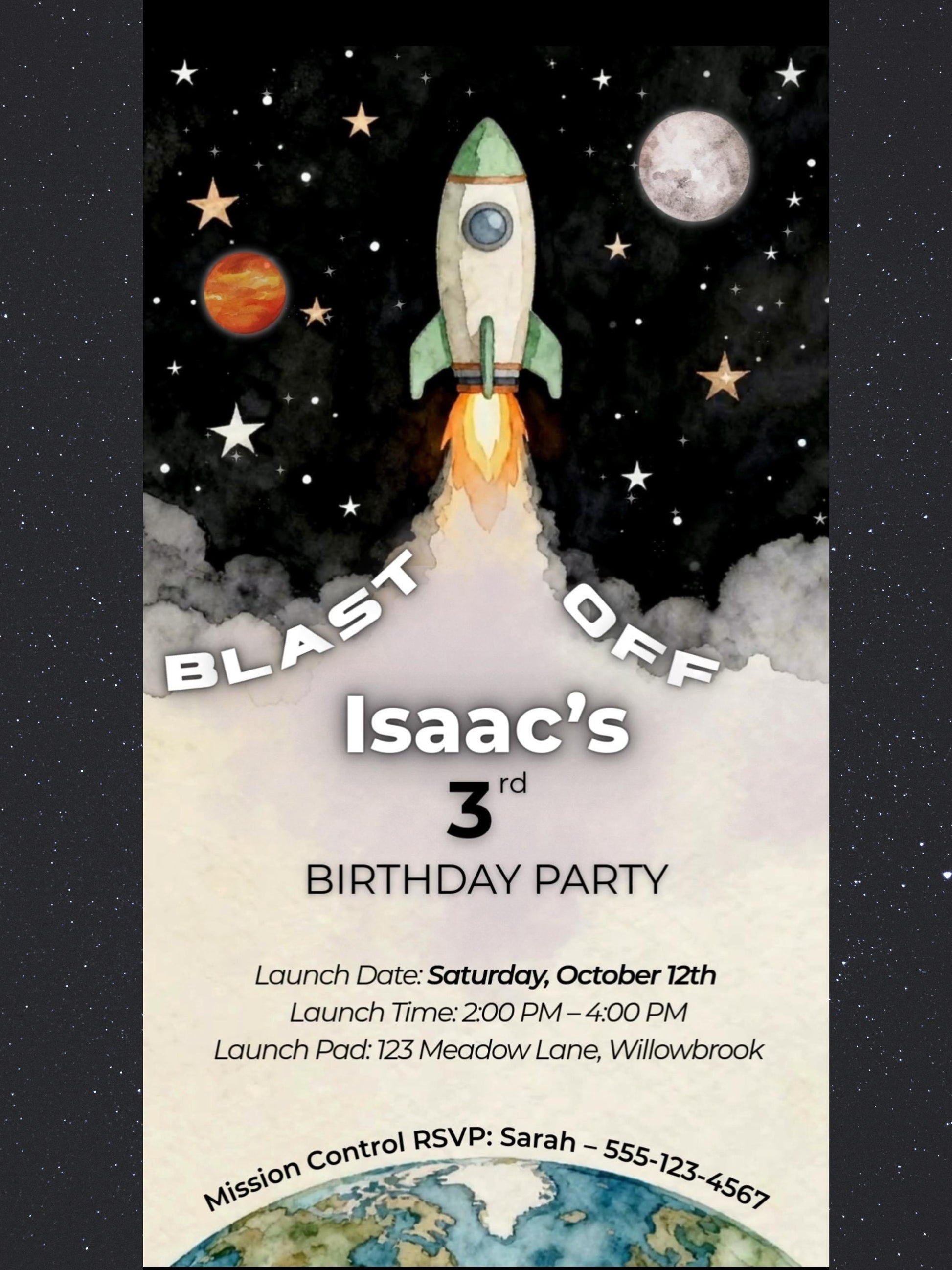 Animated Space 3rd Birthday Invitation - Rocket Ship Digital Evite Kid Birthday Party Video Invite Whatsapp(Instant Download Canva Template)