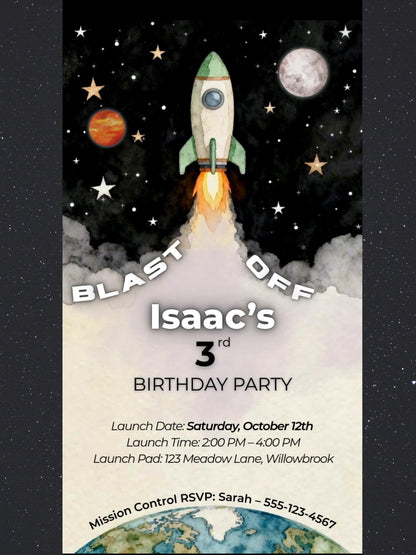 Animated Space 3rd Birthday Invitation - Rocket Ship Digital Evite Kid Birthday Party Video Invite Whatsapp(Instant Download Canva Template)