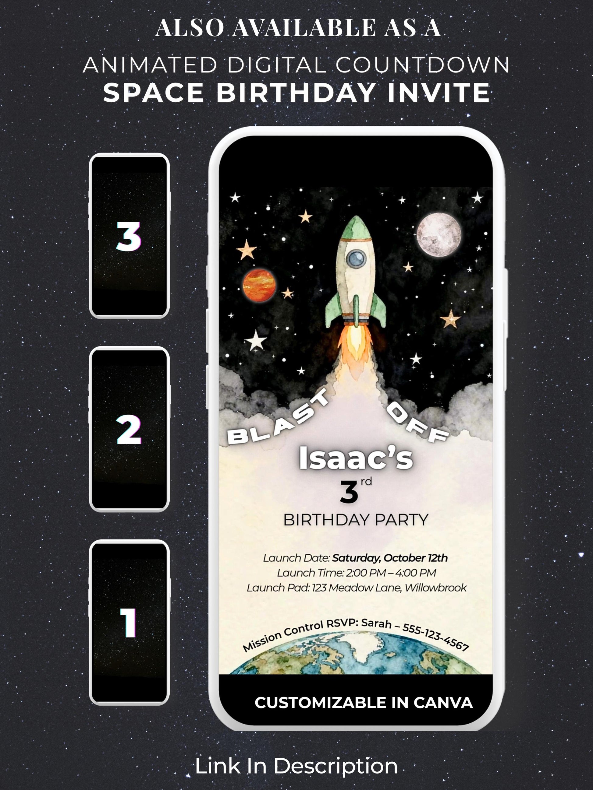 3rd Birthday Space Invitation - Digital Rocket Ship Kids Party Invite (Customizable Instant Download Canva Template) Watercolor Evite