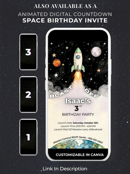 3rd Birthday Space Invitation - Digital Rocket Ship Kids Party Invite (Customizable Instant Download Canva Template) Watercolor Evite