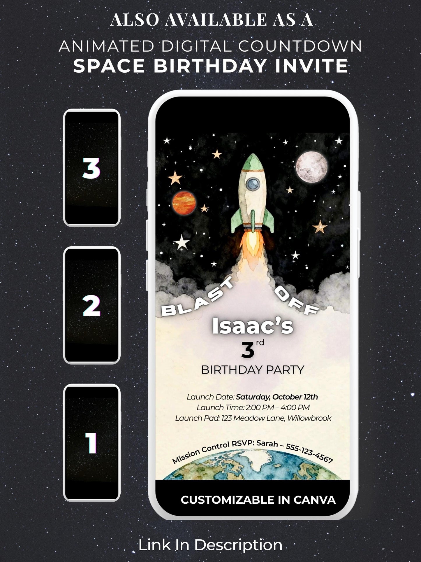 3rd Birthday Space Invitation - Digital Rocket Ship Kids Party Invite (Customizable Instant Download Canva Template) Watercolor Evite