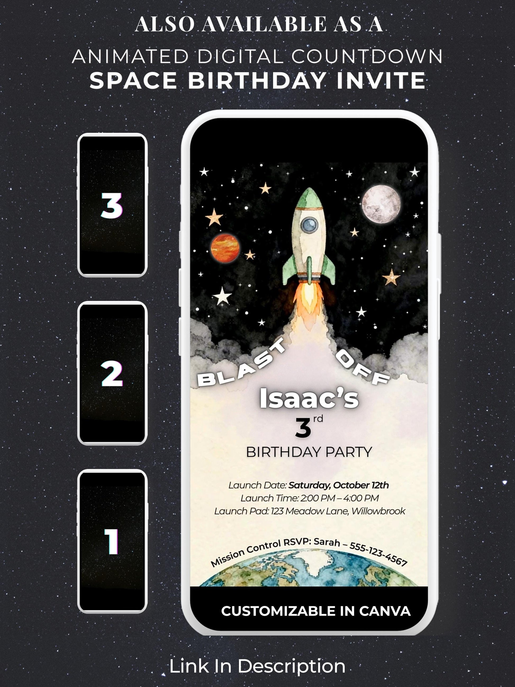 3rd Birthday Space Invitation - Digital Rocket Ship Kids Party Invite (Customizable Instant Download Canva Template) Watercolor Evite