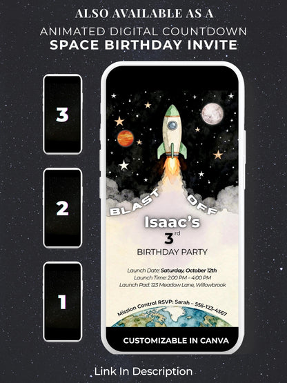 3rd Birthday Space Invitation - Digital Rocket Ship Kids Party Invite (Customizable Instant Download Canva Template) Watercolor Evite