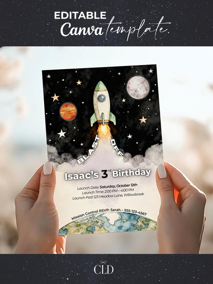 3rd Birthday Space Invitation - Digital Rocket Ship Kids Party Invite (Customizable Instant Download Canva Template) Watercolor Evite