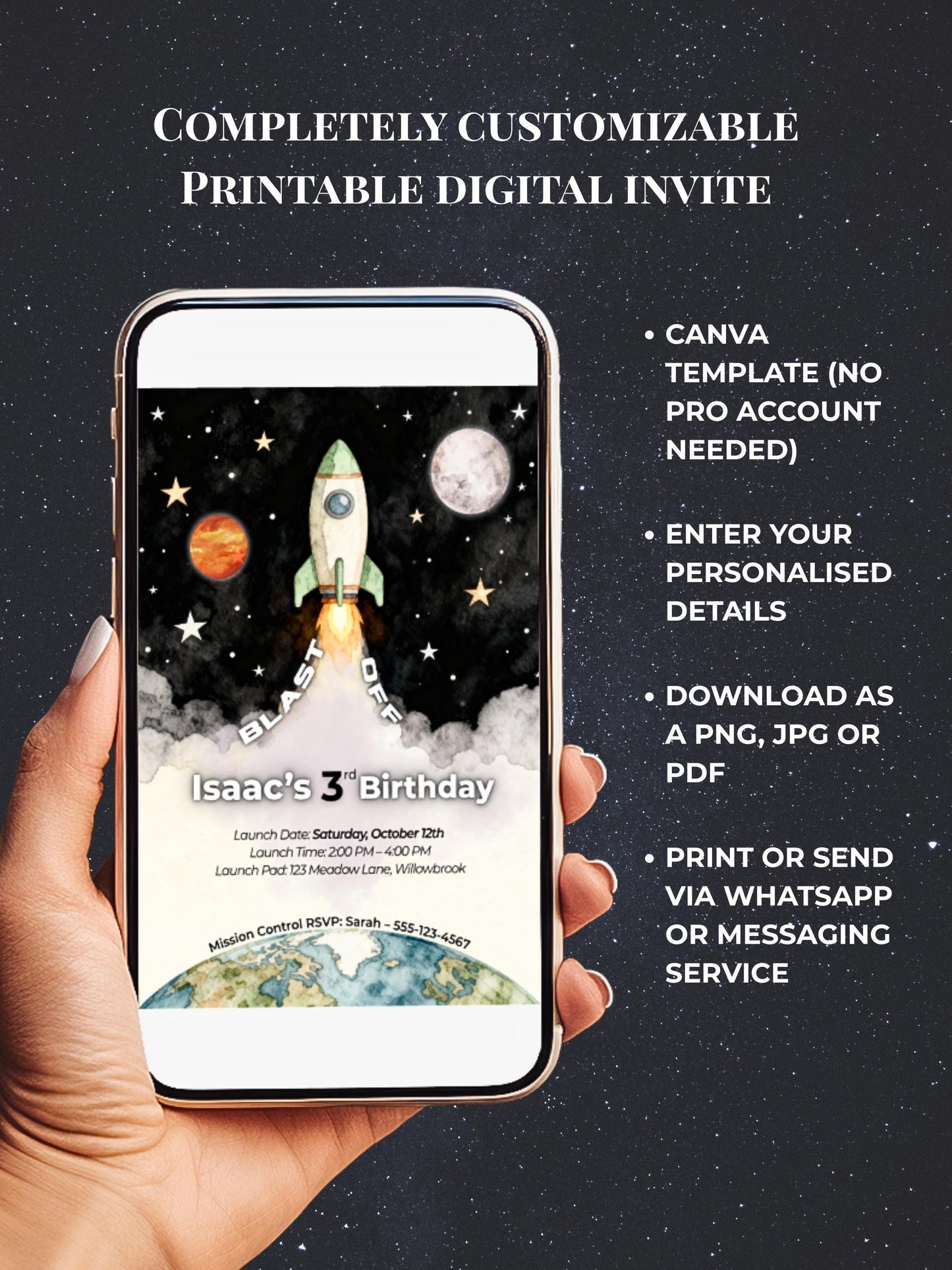 3rd Birthday Space Invitation - Digital Rocket Ship Kids Party Invite (Customizable Instant Download Canva Template) Watercolor Evite