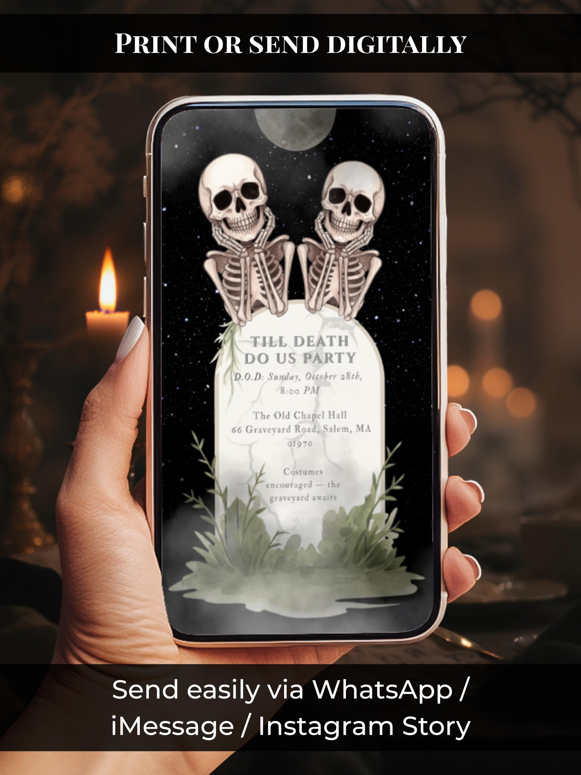 Skeleton Halloween Party Invitation - Digital Spooky Graveyard Themed Invite (Instant Download Canva Template) Fall/Autumn Celebration Evite