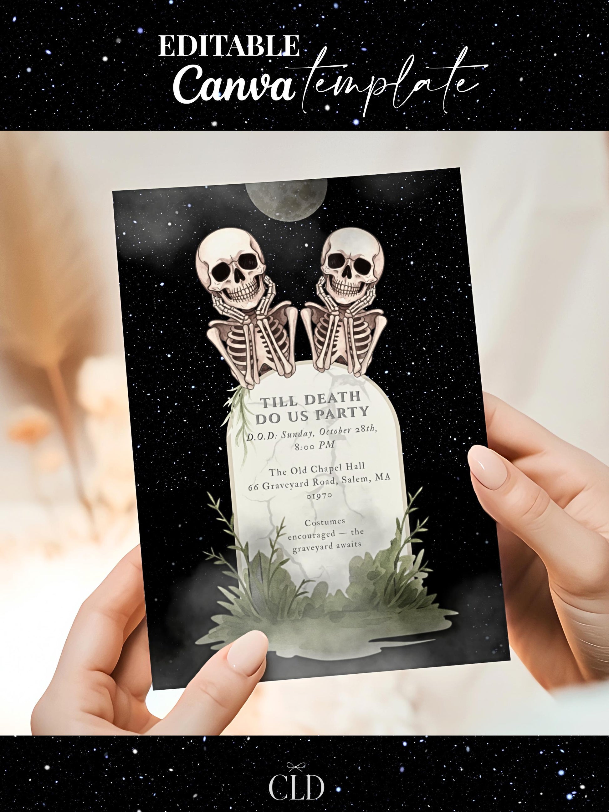 Skeleton Halloween Party Invitation - Digital Spooky Graveyard Themed Invite (Instant Download Canva Template) Fall/Autumn Celebration Evite