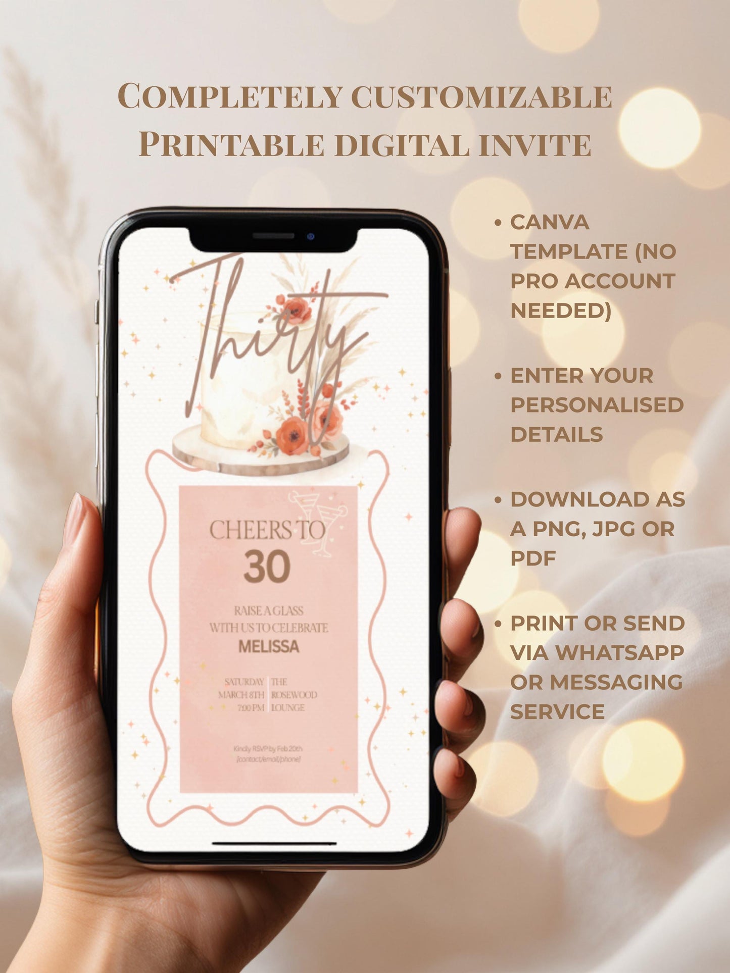 30th Birthday Invitation - Customizable Digital Download (Editable Instant Canva Template). Cheers to 30 Drinks Theme