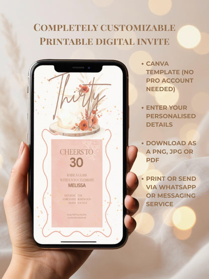 30th Birthday Invitation - Customizable Digital Download (Editable Instant Canva Template). Cheers to 30 Drinks Theme
