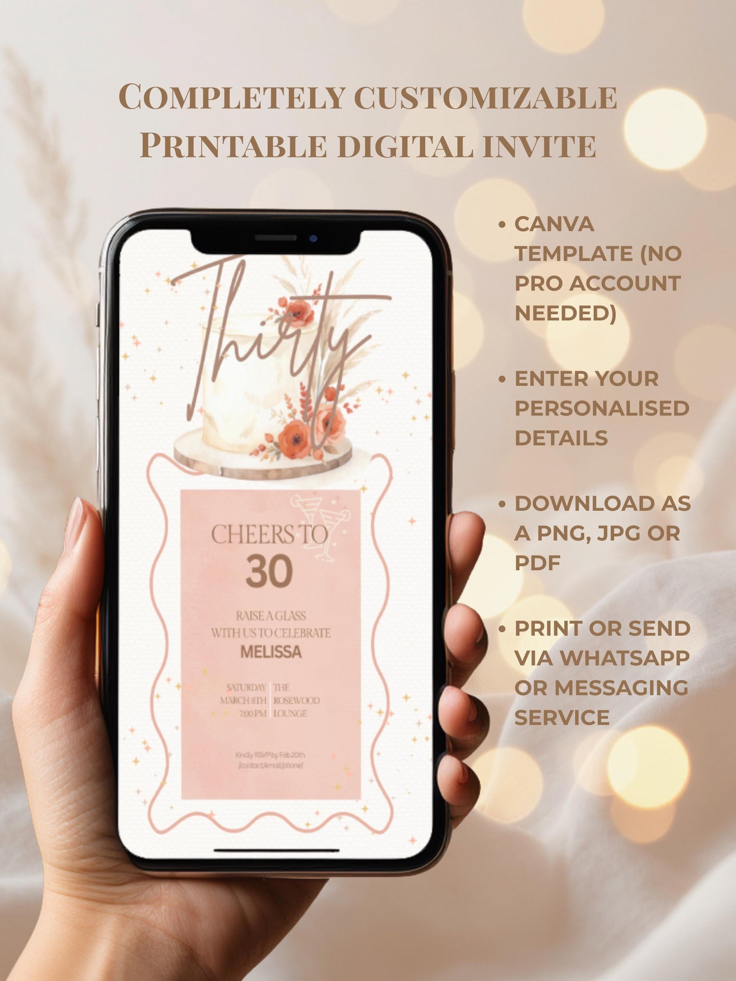 30th Birthday Invitation - Customizable Digital Download (Editable Instant Canva Template). Cheers to 30 Drinks Theme