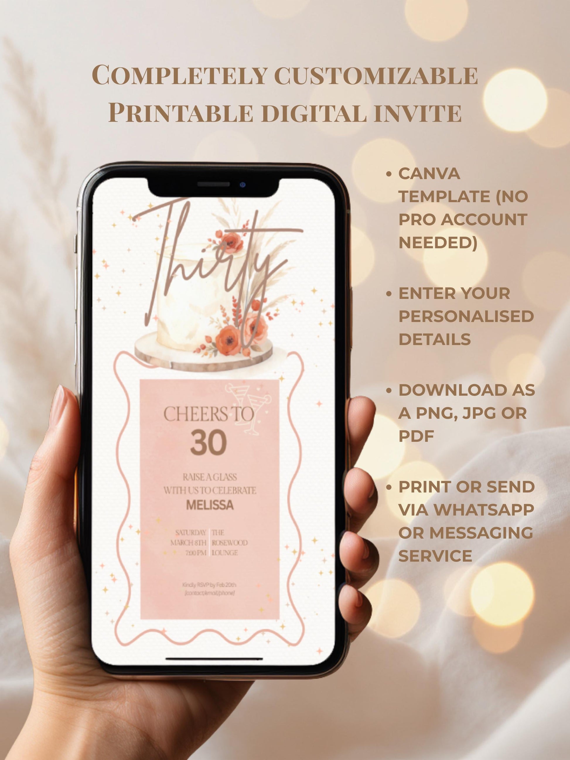 30th Birthday Invitation - Customizable Digital Download (Editable Instant Canva Template). Cheers to 30 Drinks Theme