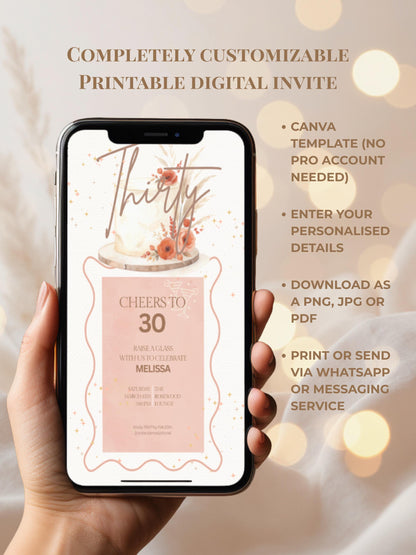 30th Birthday Invitation - Customizable Digital Download (Editable Instant Canva Template). Cheers to 30 Drinks Theme