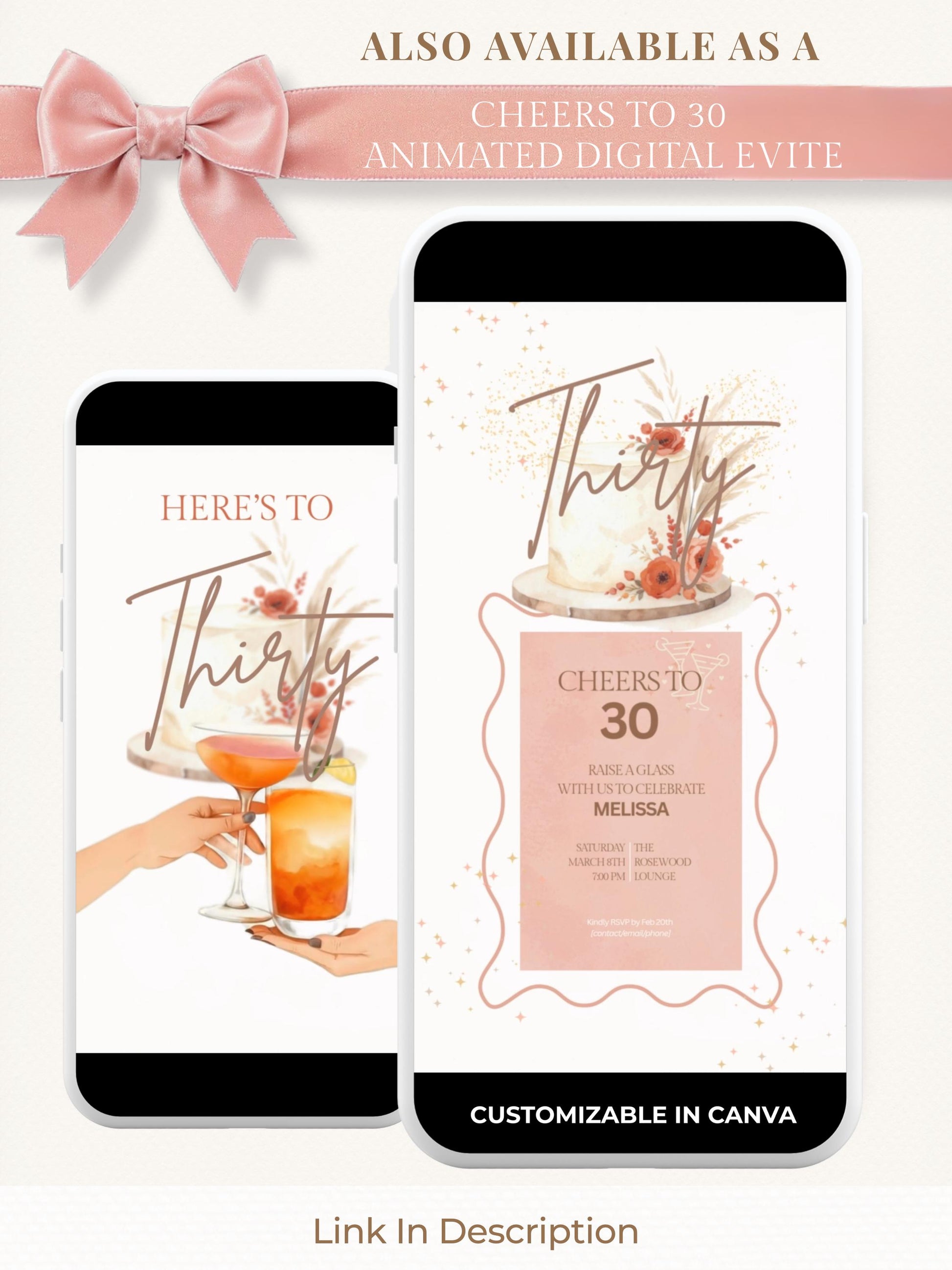 30th Birthday Invitation - Customizable Digital Download (Editable Instant Canva Template). Cheers to 30 Drinks Theme