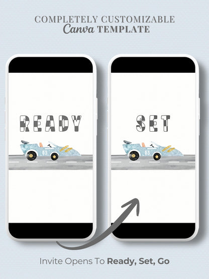 Animated Racing Car 2nd Birthday Invitation (Instant Download Editable Canva Template) Custom Digital Video Evite for Boy’s Party