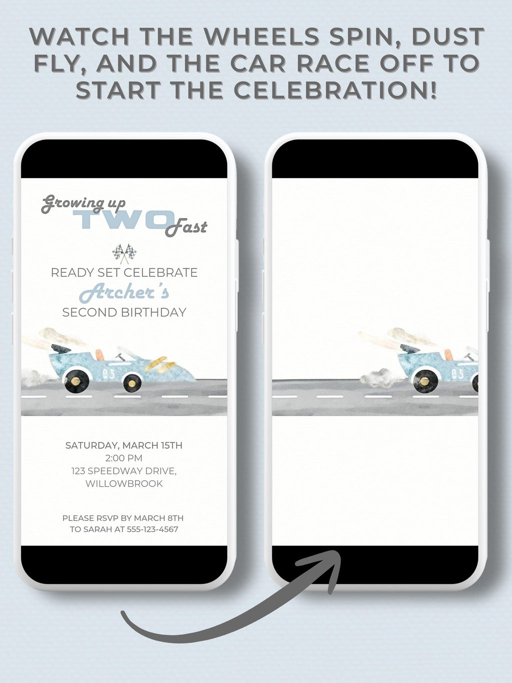 Animated Racing Car 2nd Birthday Invitation (Instant Download Editable Canva Template) Custom Digital Video Evite for Boy’s Party