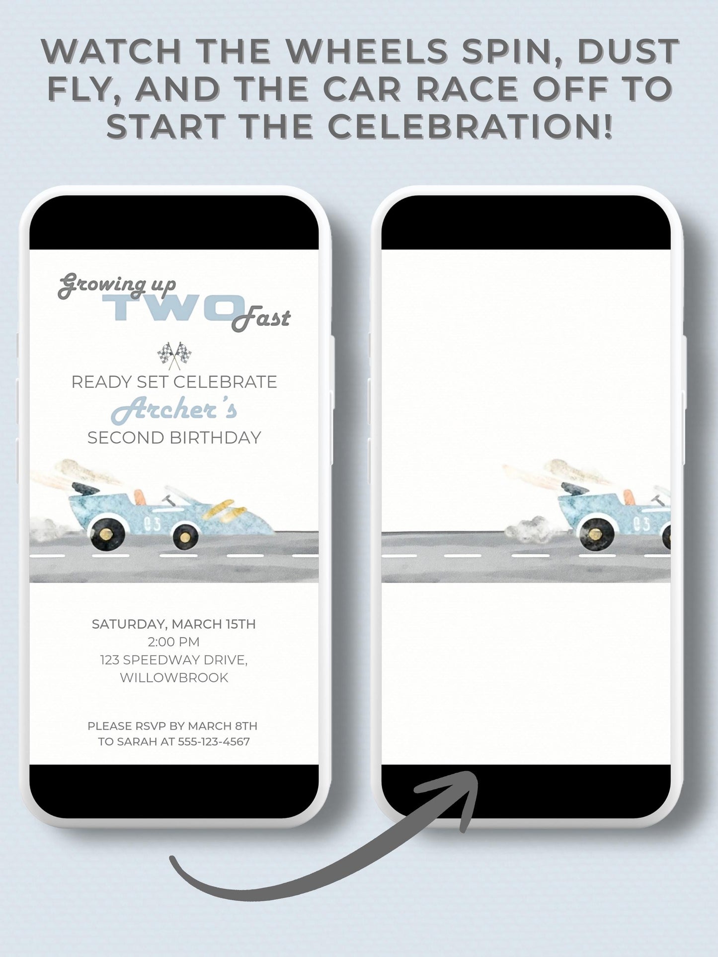 Animated Racing Car 2nd Birthday Invitation (Instant Download Editable Canva Template) Custom Digital Video Evite for Boy’s Party