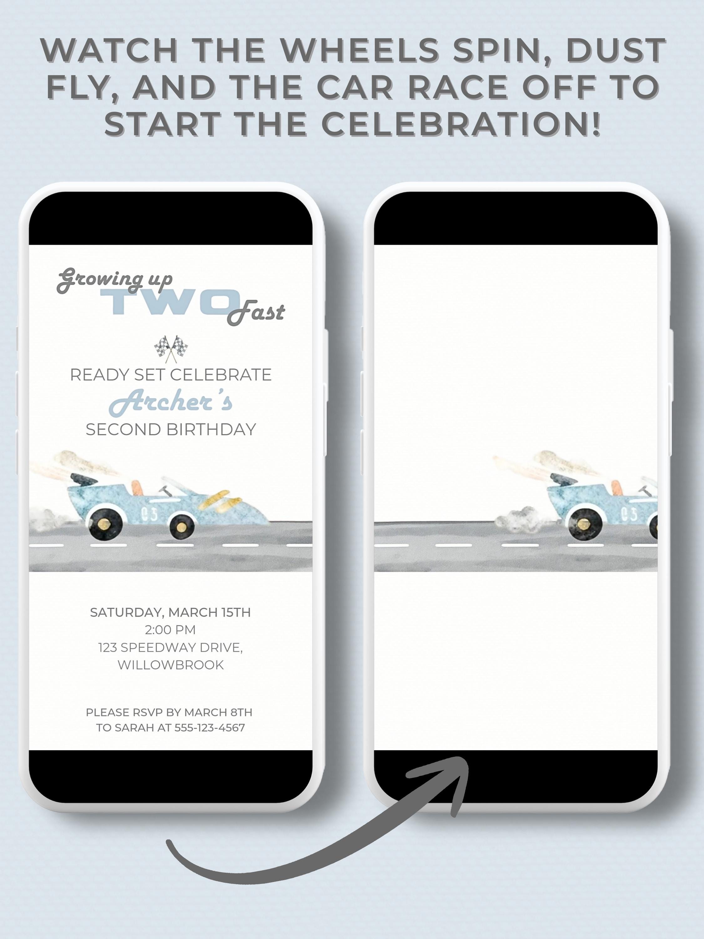 Animated Racing Car 2nd Birthday Invitation (Instant Download Editable Canva Template) Custom Digital Video Evite for Boy’s Party
