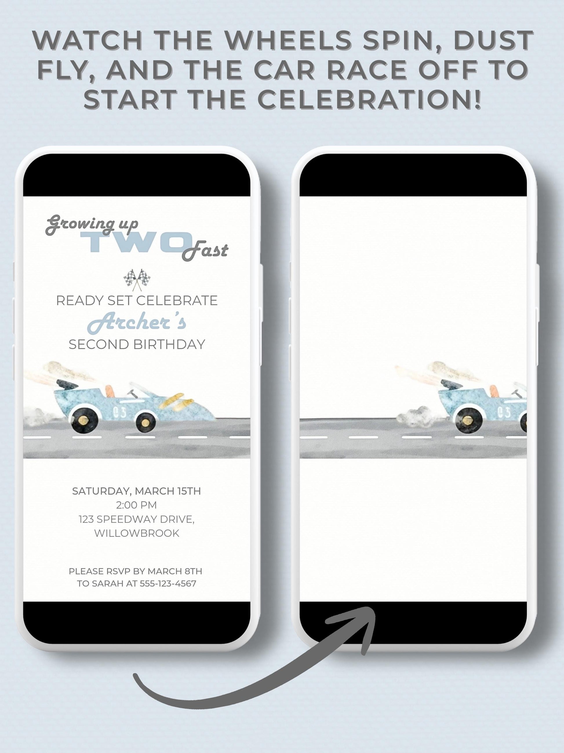 Animated Racing Car 2nd Birthday Invitation (Instant Download Editable Canva Template) Custom Digital Video Evite for Boy’s Party