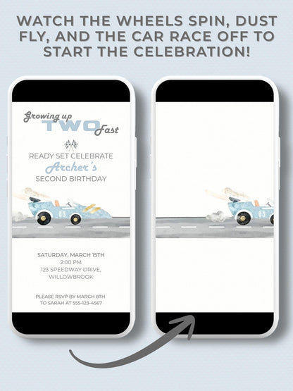 Animated Racing Car 2nd Birthday Invitation (Instant Download Editable Canva Template) Custom Digital Video Evite for Boy’s Party