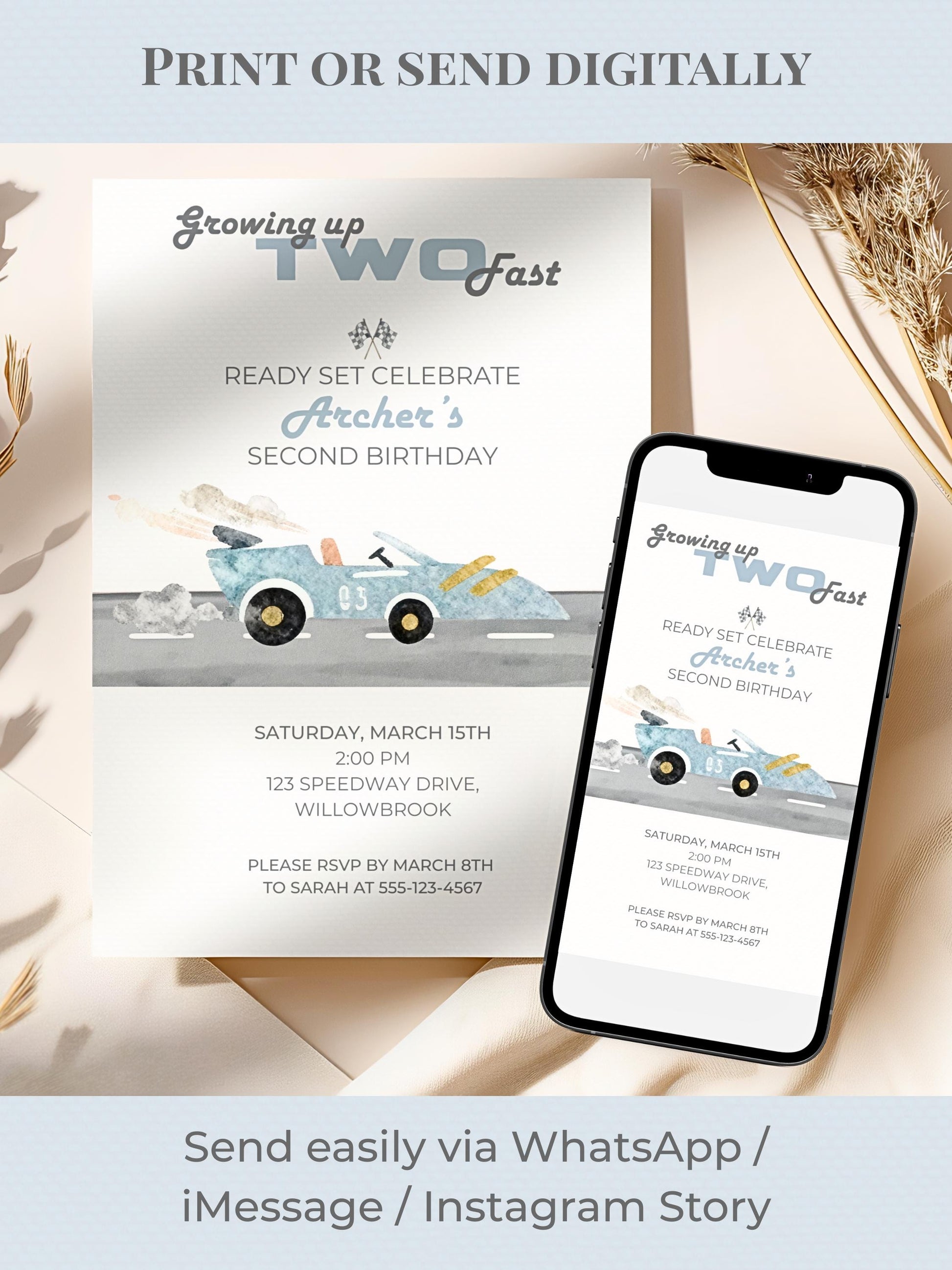 Racing Car 2nd Birthday Invite Printable (Instant Download Editable Canva Template) Custom Digital Video Invitation for Boy’s Party