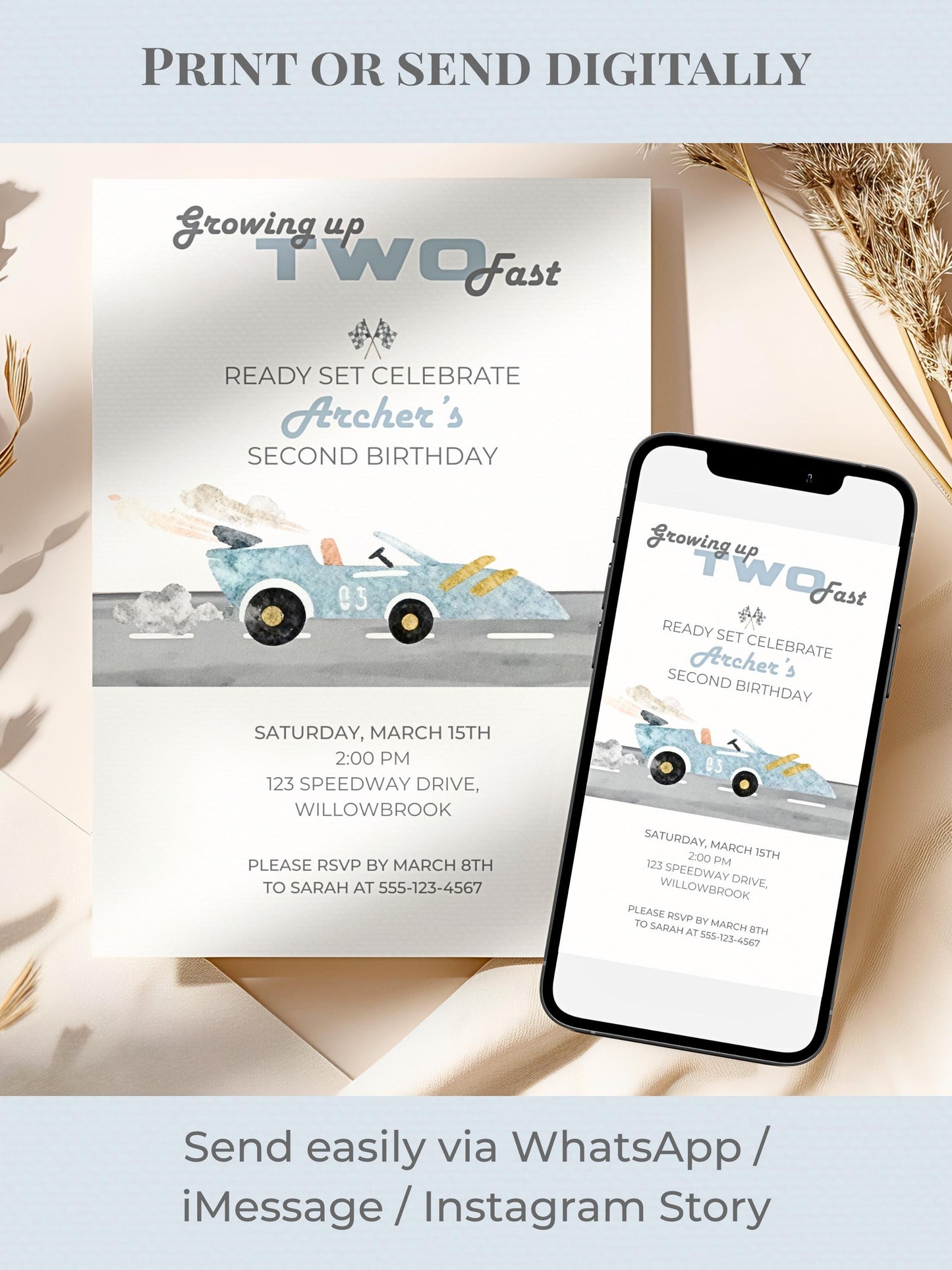 Racing Car 2nd Birthday Invite Printable (Instant Download Editable Canva Template) Custom Digital Video Invitation for Boy’s Party