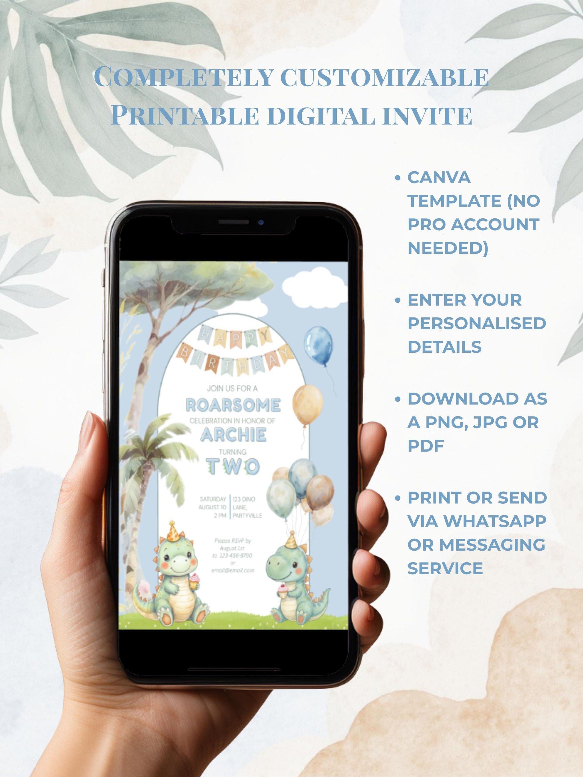 2nd Birthday Dinosaur Invitation- Dino Themed (Editable Canva Template Instant Download) -Kids Birthday Party