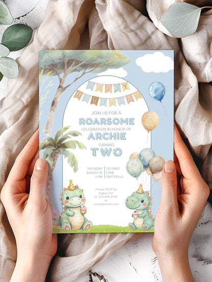 2nd Birthday Dinosaur Invitation- Dino Themed (Editable Canva Template Instant Download) -Kids Birthday Party