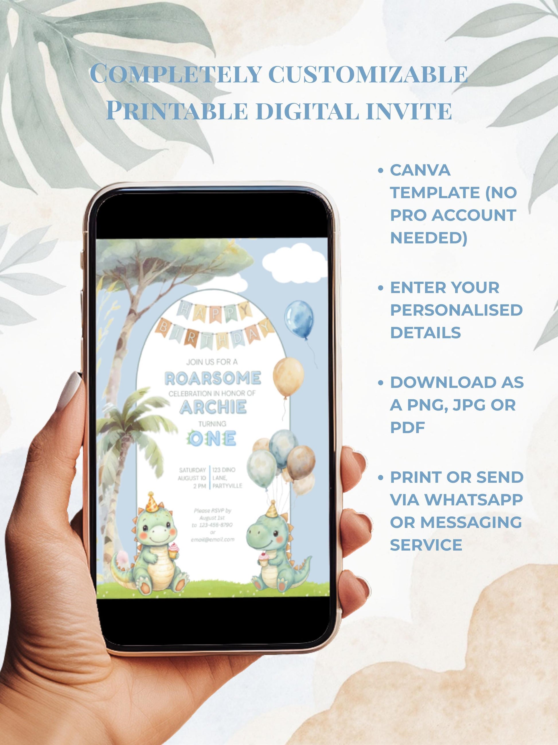 1st Birthday Dinosaur Invitation- Dino Themed (Editable Canva Template Instant Download) -Kids Birthday Party