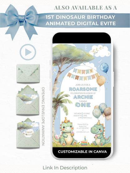 1st Birthday Dinosaur Invitation- Dino Themed (Editable Canva Template Instant Download) -Kids Birthday Party
