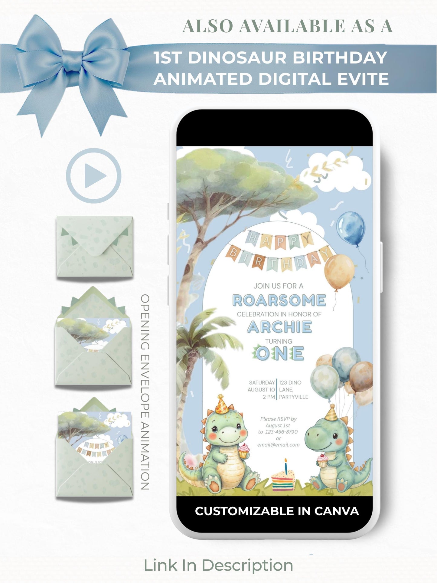 1st Birthday Dinosaur Invitation- Dino Themed (Editable Canva Template Instant Download) -Kids Birthday Party