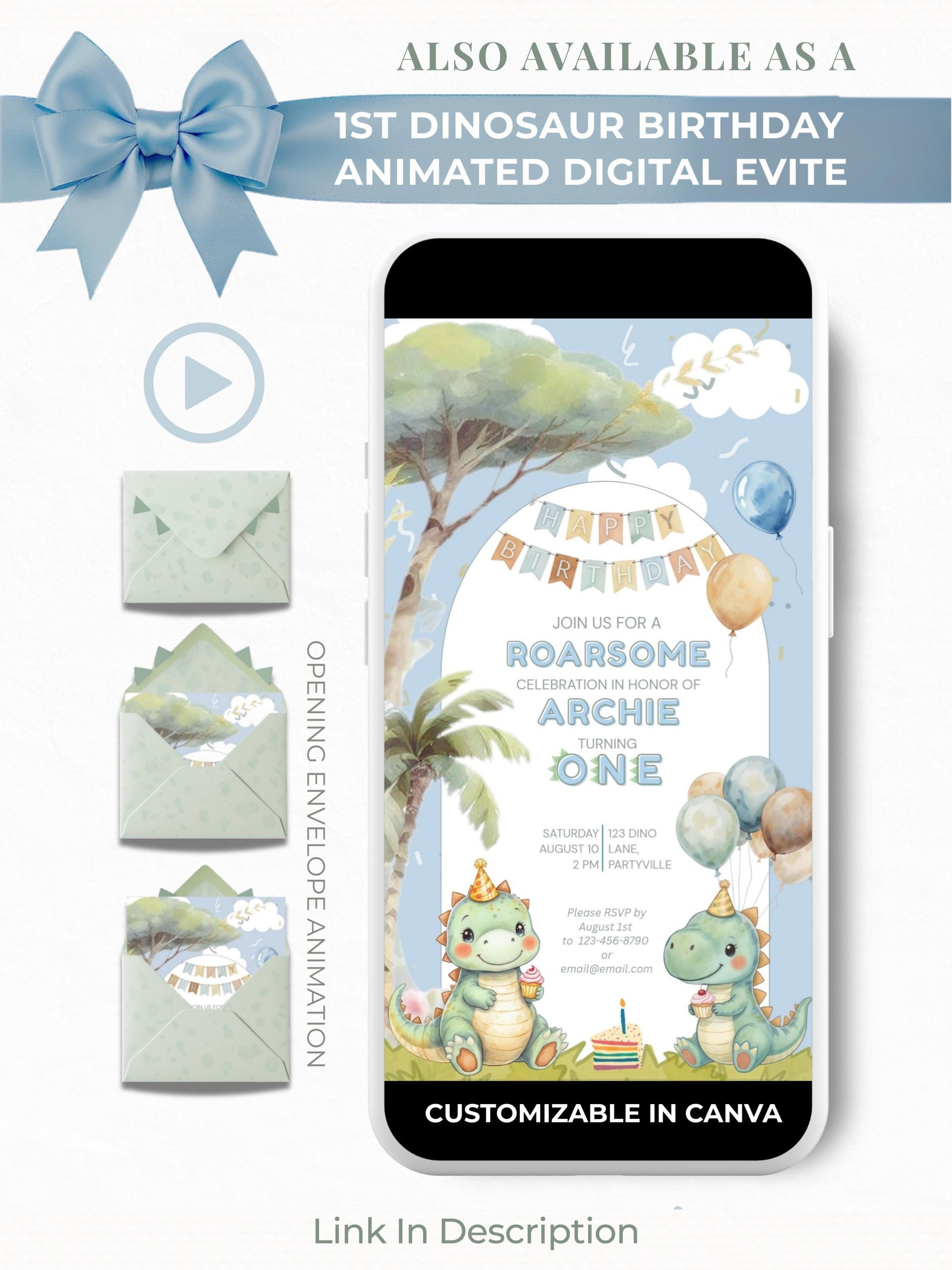 1st Birthday Dinosaur Invitation- Dino Themed (Editable Canva Template Instant Download) -Kids Birthday Party