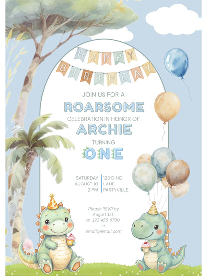 1st Birthday Dinosaur Invitation- Dino Themed (Editable Canva Template Instant Download) -Kids Birthday Party
