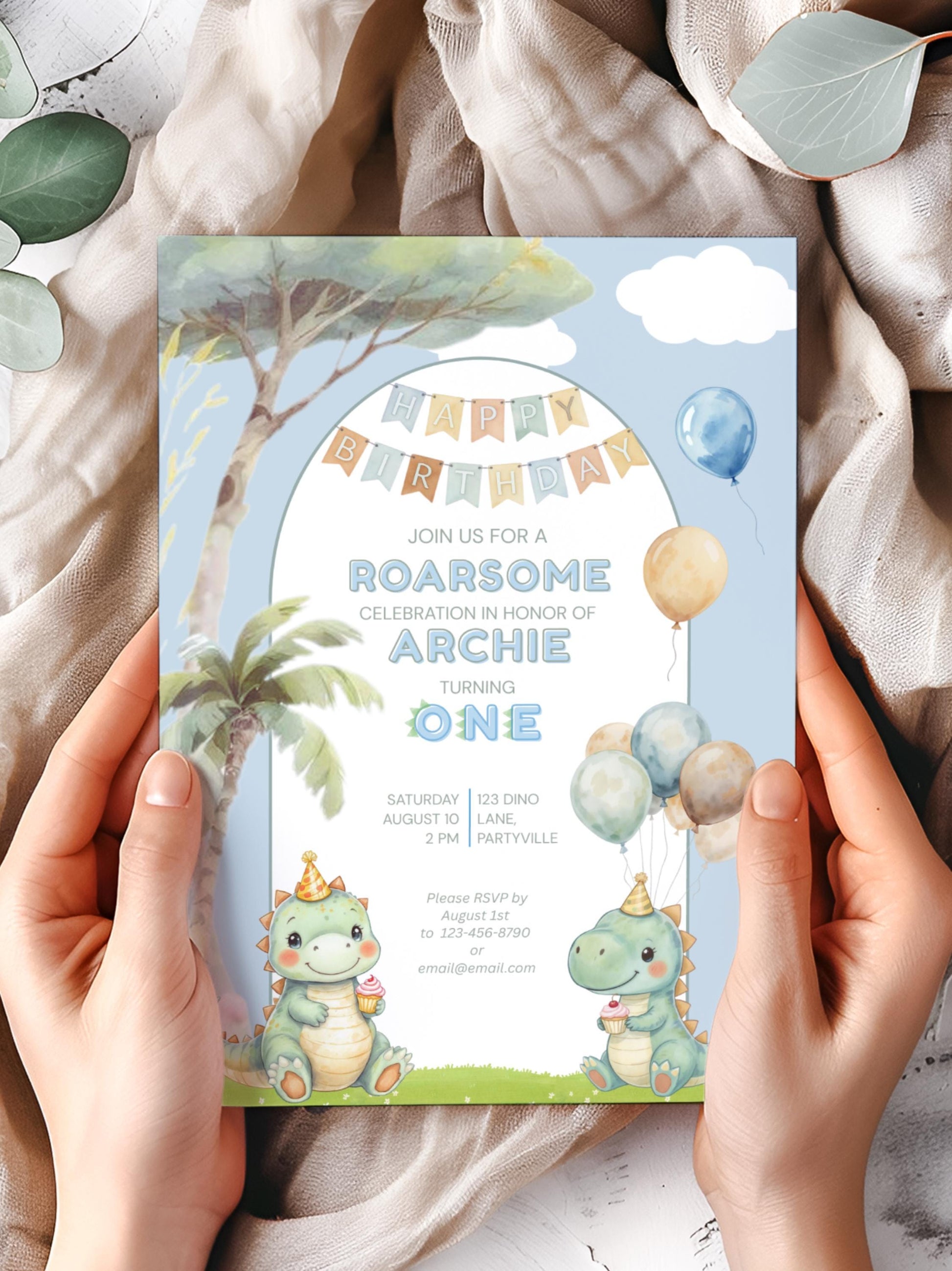 1st Birthday Dinosaur Invitation- Dino Themed (Editable Canva Template Instant Download) -Kids Birthday Party