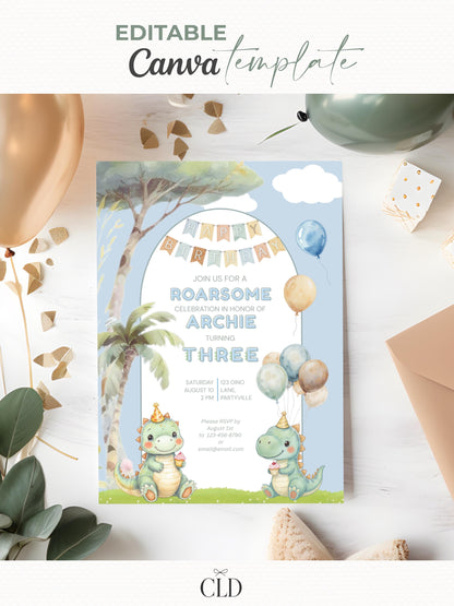 3rd Birthday Dinosaur Invitation- Dino Themed (Editable Canva Template Instant Download) -Kids Birthday Party