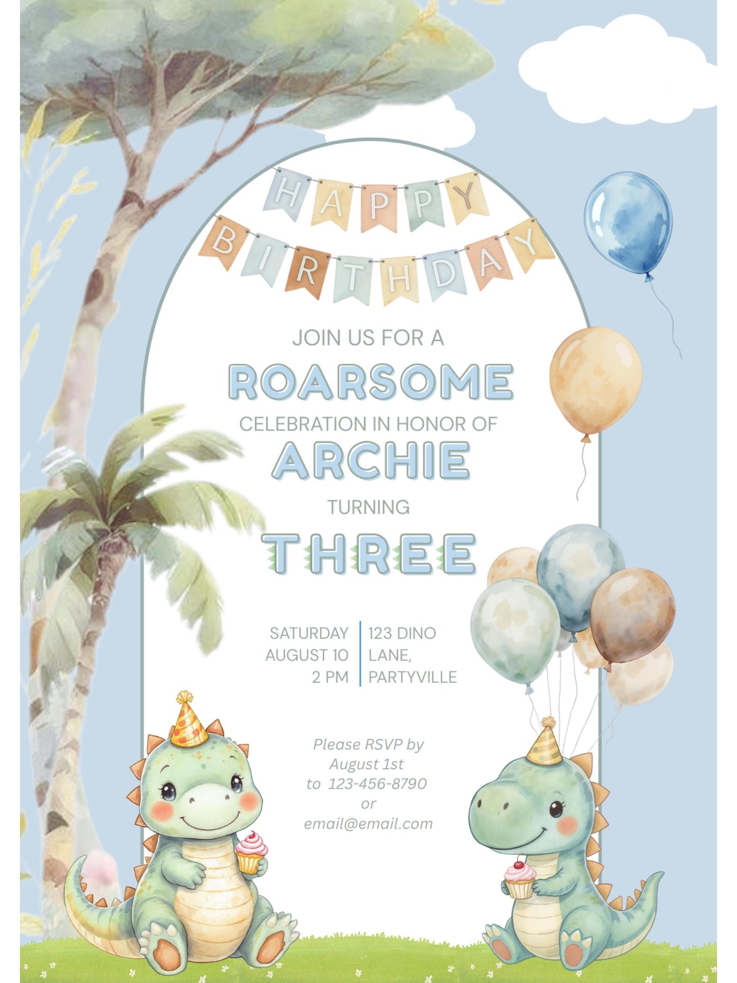 3rd Birthday Dinosaur Invitation- Dino Themed (Editable Canva Template Instant Download) -Kids Birthday Party