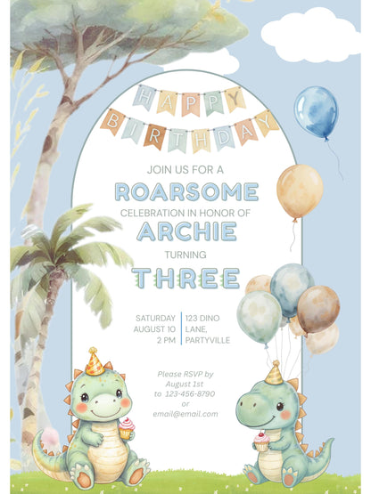 3rd Birthday Dinosaur Invitation- Dino Themed (Editable Canva Template Instant Download) -Kids Birthday Party