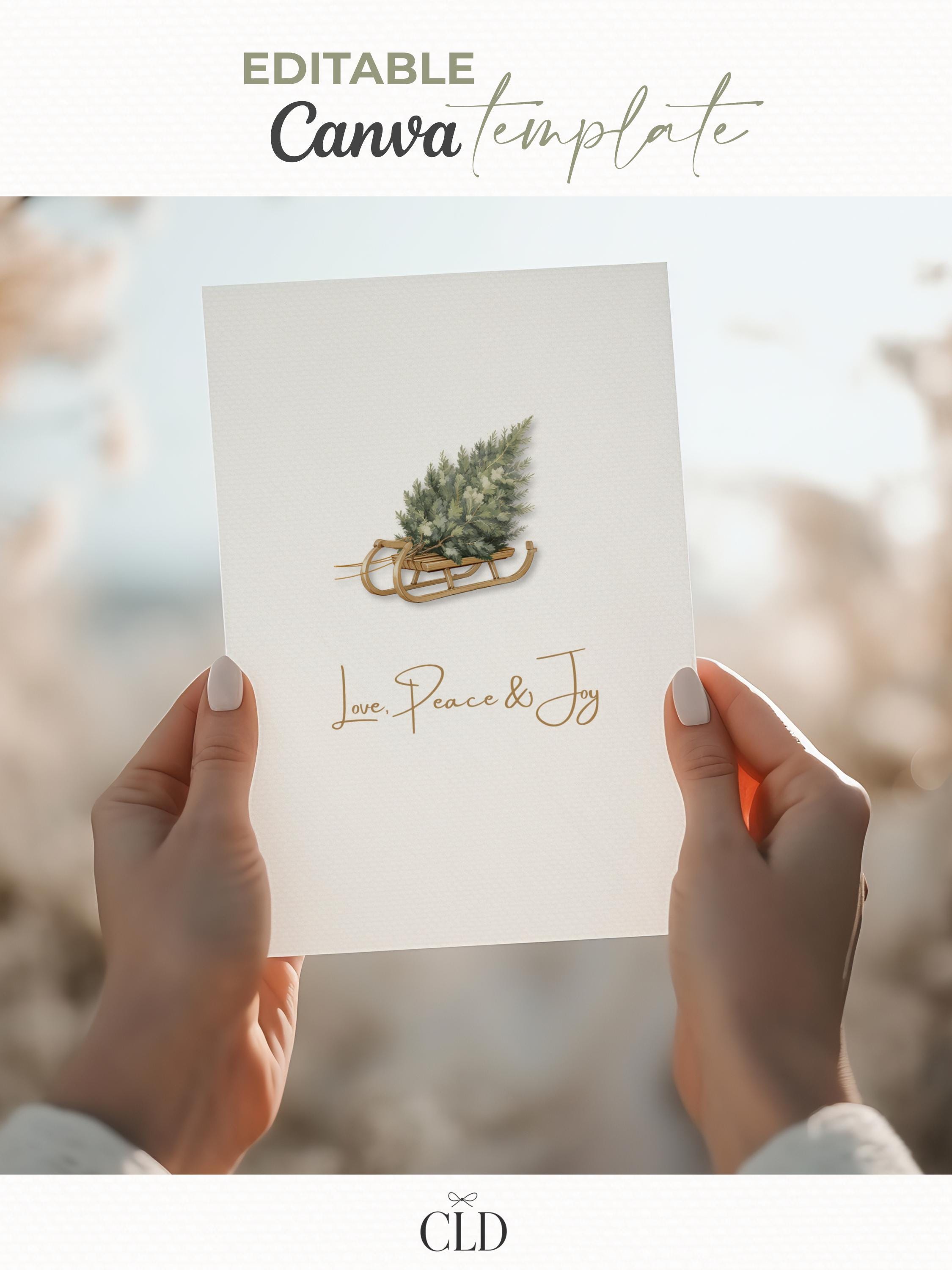 Editable Christmas Card with Newsletter - Modern Minimalist Tree Holiday Card Template, Canva Printable or Digital Family Greeting