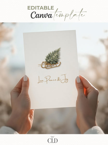 Editable Christmas Card with Newsletter - Modern Minimalist Tree Holiday Card Template, Canva Printable or Digital Family Greeting