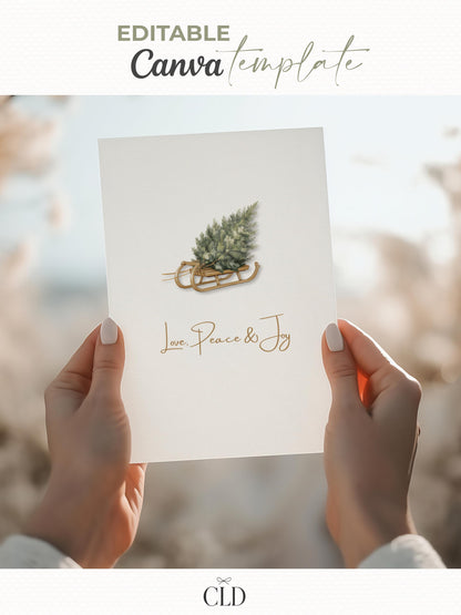 Editable Christmas Card with Newsletter - Modern Minimalist Tree Holiday Card Template, Canva Printable or Digital Family Greeting