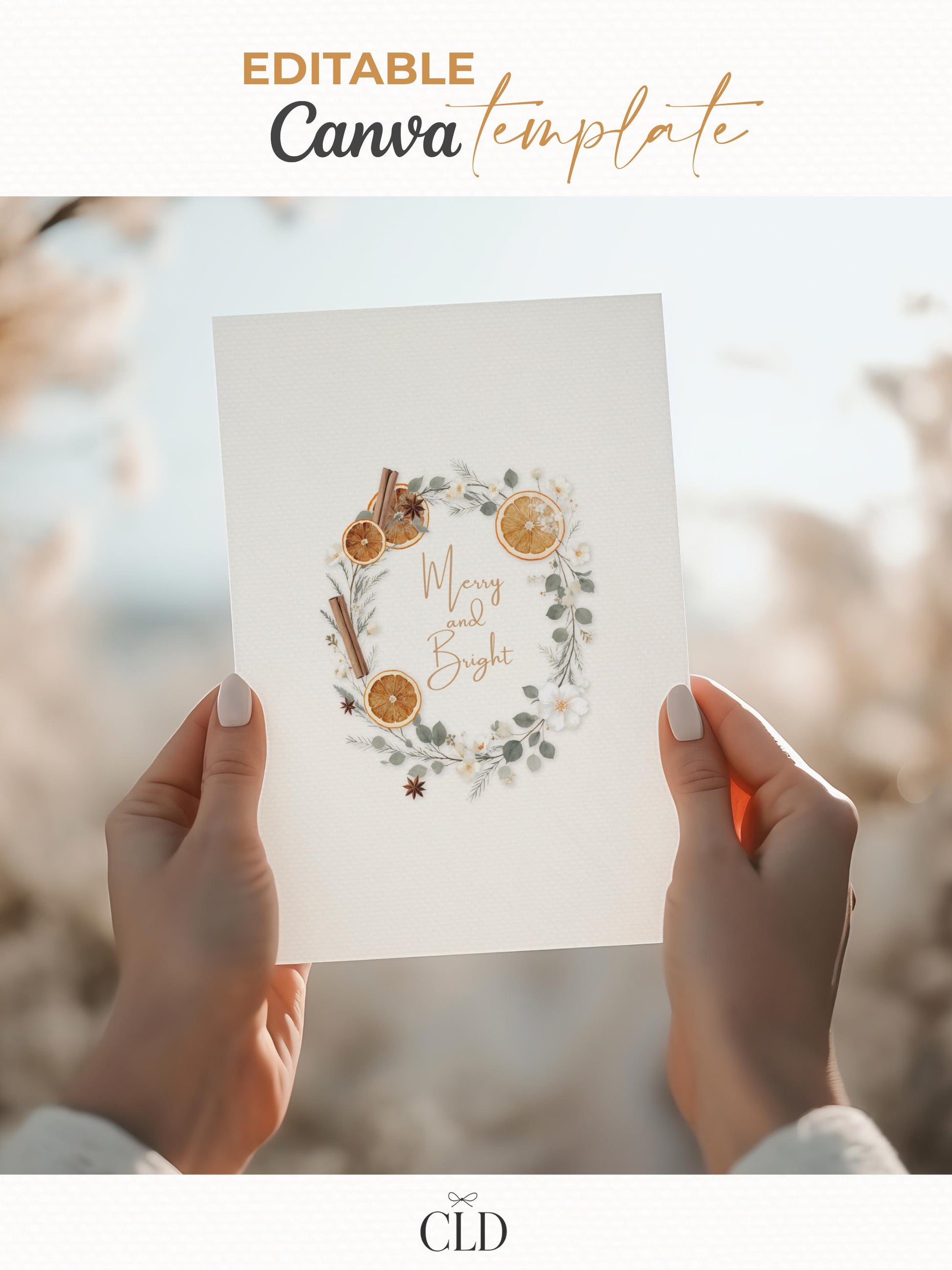 Editable Christmas Card with Newsletter - Botanical Orange Wreath Holiday Card Template, Canva Printable or Digital Family Greeting