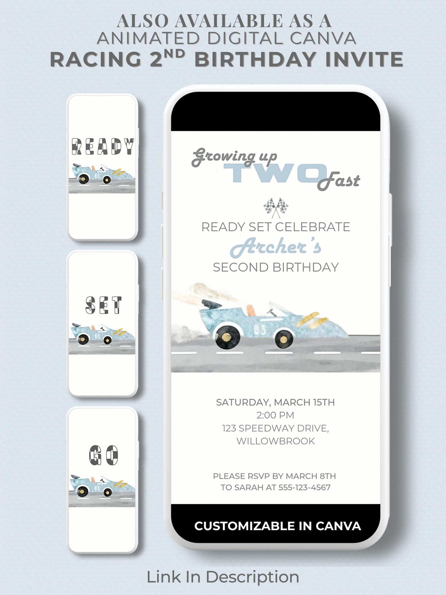 Racing Car 2nd Birthday Invite Printable (Instant Download Editable Canva Template) Custom Digital Video Invitation for Boy’s Party