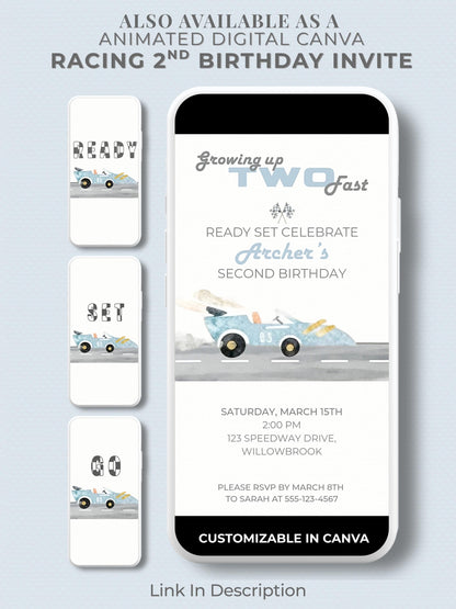 Racing Car 2nd Birthday Invite Printable (Instant Download Editable Canva Template) Custom Digital Video Invitation for Boy’s Party