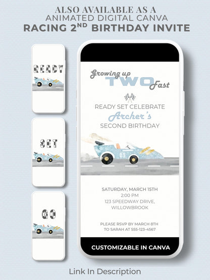 Racing Car 2nd Birthday Invite Printable (Instant Download Editable Canva Template) Custom Digital Video Invitation for Boy’s Party