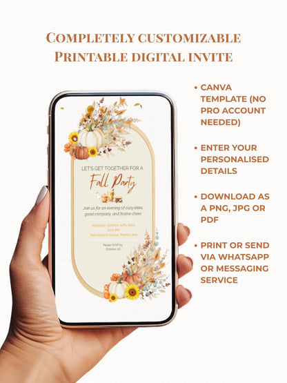 Printable Fall Party Invitation - Autumn Dinner Party Invite with Pumpkins & Florals (Digital Editable Canva Template)