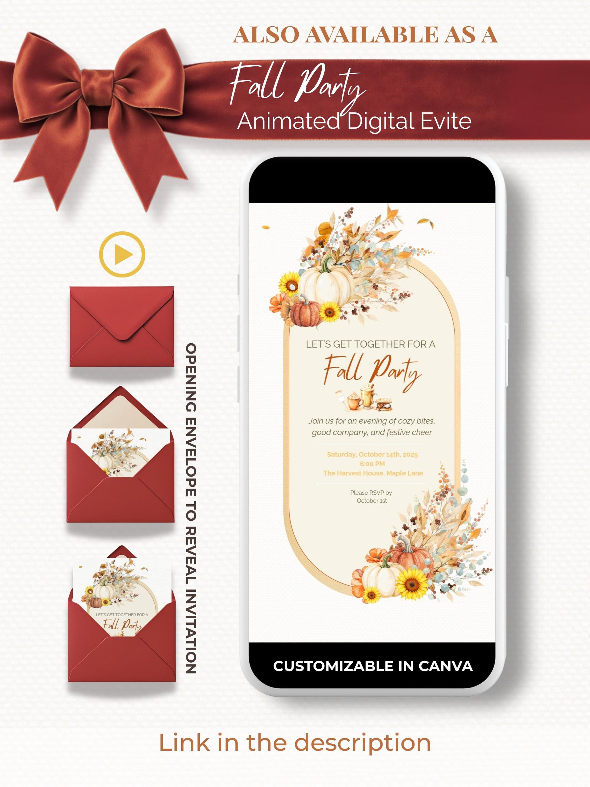 Printable Fall Party Invitation - Autumn Dinner Party Invite with Pumpkins & Florals (Digital Editable Canva Template)