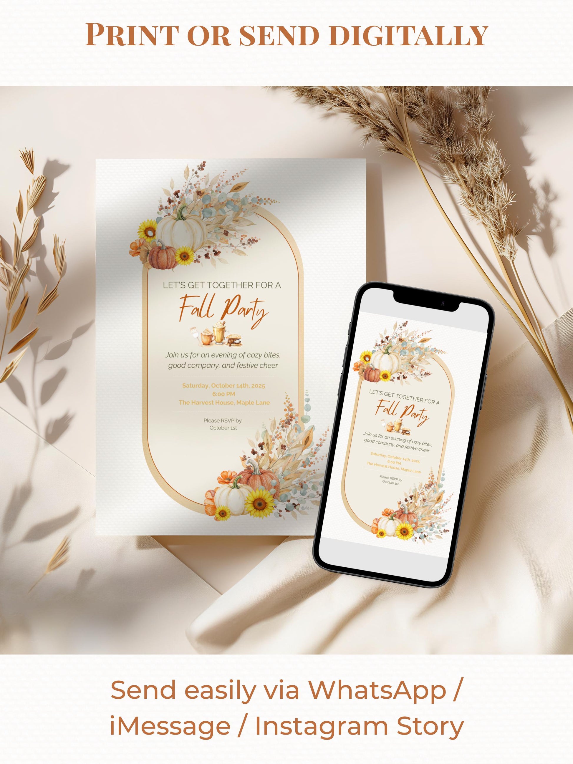 Printable Fall Party Invitation - Autumn Dinner Party Invite with Pumpkins & Florals (Digital Editable Canva Template)